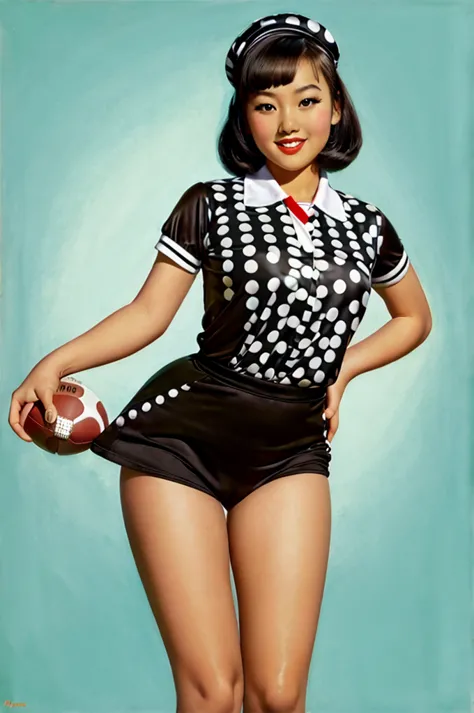 Asian girl holding dressed as a football referee with polka dots in pinup style