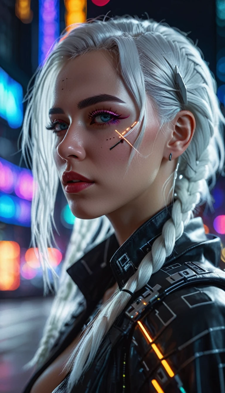 a Ciberpunk woman with white hair in a city, Altamente detalhado, 8K, olhos lindamente detalhados, lábios lindamente detalhados, rosto extremamente detalhado, cílios longos, Ciberpunk, luzes de neon, arranha-céus, arquitetura futurista, luzes brilhantes, atmosfera sombria, iluminação cinematográfica, Sombras dramáticas, cores vibrantes, detalhes intrincados], fotorrealista, obra de arte