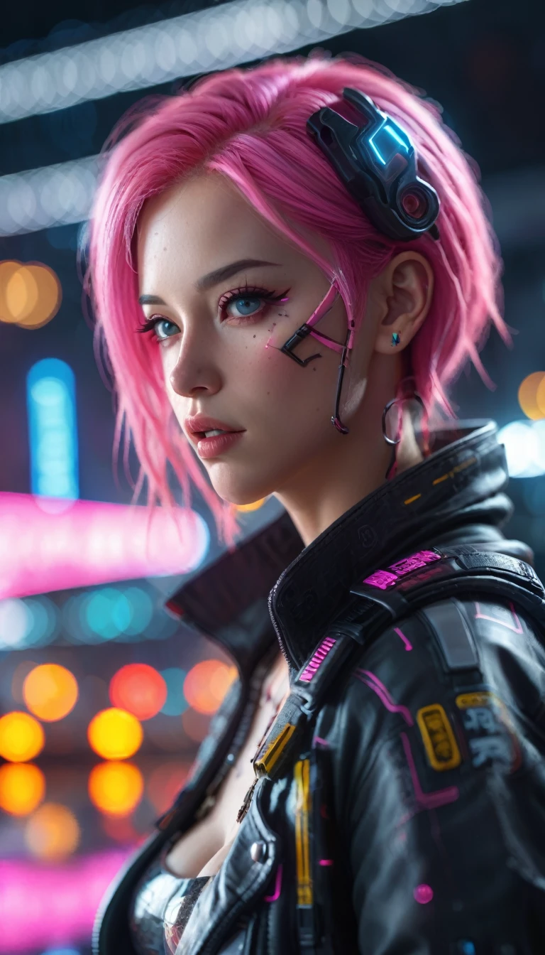 une femme cyberpunk aux cheveux roses, traits du visage détaillés, beaux yeux et lèvres], fond de ville high-tech, véhicule futuriste, Meilleure qualité, 4k, 8k, haute résolution, chef-d&#39;œuvre:1.2, ultra-détaillé, Réaliste, photoRéaliste, photo-Réaliste:1.37, HDR, UHD, éclairage de studio, peinture ultra fine, netteté, rendu physique, description extrêmement détaillée, professionnel, Couleurs vives, bokeh, art conceptuel, néons, réflexions, atmosphère maussade, Éclairage dramatique, couleurs vives