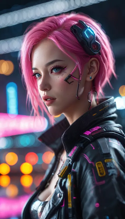 a cyberpunk woman with pink hair, detailed facial features, beautiful eyes and lips, high-tech city background, futuristic vehic...
