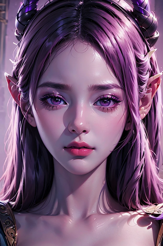 beautiful purple girl , wearing a bra, big  beautiful detailed eyes, beautiful detailed lips, extremely detailed face, long eyelashes, portrait, fantasy, realistic, photorealistic, 8k, high quality, masterpiece, vibrant colors, soft lighting