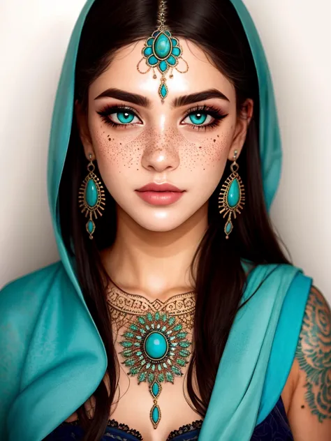 gorgeous eyes, beautiful  face, pale skin, freckles, piercings, tatuados, turquoise eyes, details intricate, hyper-detailed,