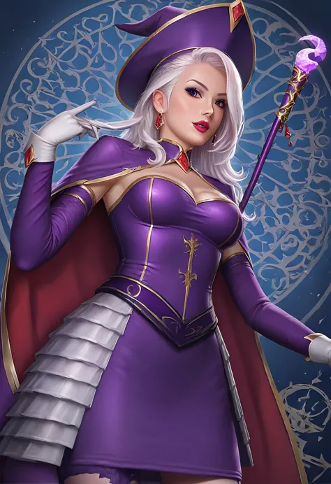 a woman with white hair and a purple dress holding a purple cane, extremely detailed germ of art, germ of art detailed, ig model...