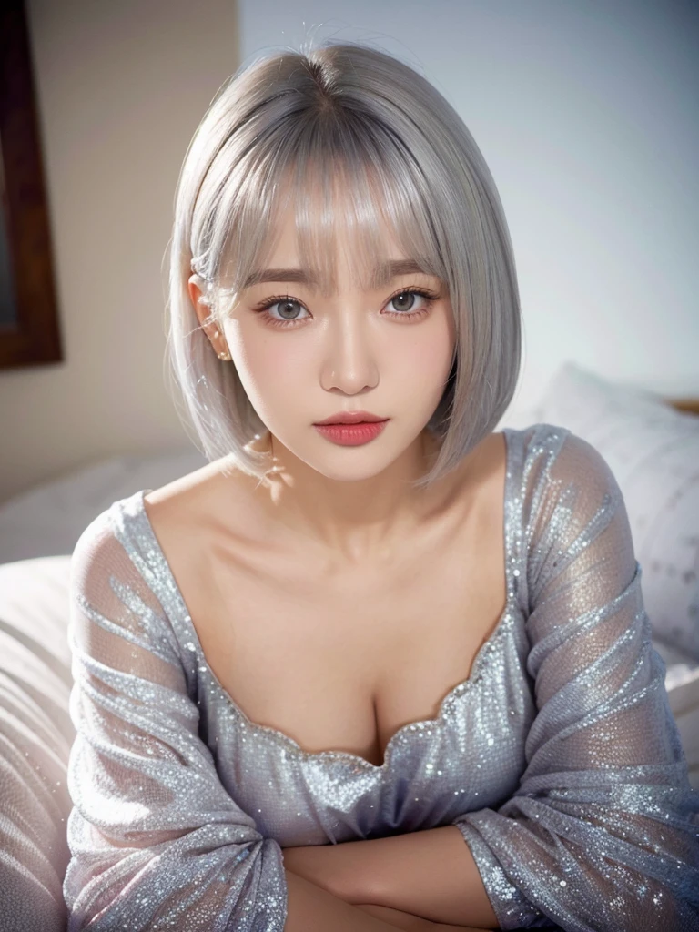 Silver haired woman in dress, 1 woman, alone, pajamas, photorealistic, realism, realistic, human