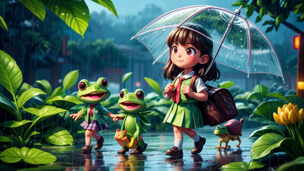 ein junges Schulmädchen in der Regenzeit, regnerischen Tag, zu Fuß von der Schule nach Hause, entdeckt Froschfamilie, die Schutz vor dem Regen sucht, detaillierte Gesichtszüge, leuchtende Farben, Realistische Beleuchtung, Filmkomposition, sehr detailliert, 8k, Meisterwerk
