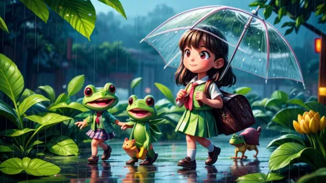 a young school girl in rainy season, rainy day, walking home from school, discovers frog family taking shelter from rain, detail...