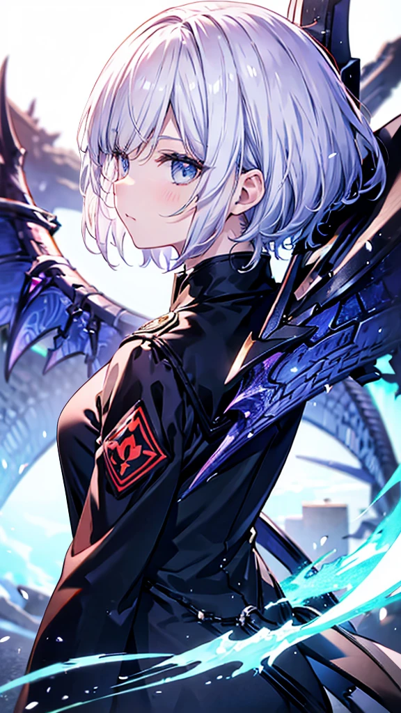 profile background, anime girl, serious face, fringe, short white hair, eyes purple, student clothing, high-res portrait, detailed eyes and face, character, fantasy, with a blue dragon behind, advanced urban, looking from behind at viewer, 4K, high resolution