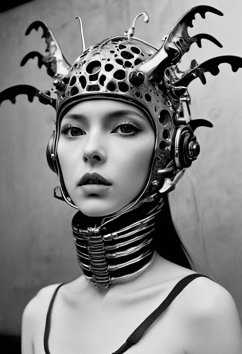 Shocking visual art, a new interpretation of pop art, a strange and disturbing atmosphere, a breathless force, A close-up portrait A person wearing a biomechanical helmet, the helmet is made of organic and metallic parts, the person is looking to the right, the image is in black and white, the style is realistic and detailed, the artist is DeadDreamer.