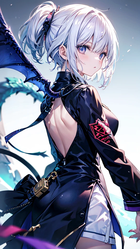 profile background, anime girl, serious face, fringe, short white hair, eyes purple, student clothing, high-res portrait, detailed eyes and face, character, fantasy, with a blue dragon behind, advanced urban, looking from behind at viewer, 4K, high resolution