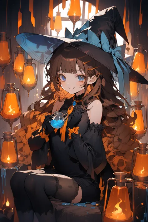 1 girl, cutestyle, blue eyes, brown hair, long hair with bangs, witch hat, witch costume, bare shoulders, separate sleeves, neck...