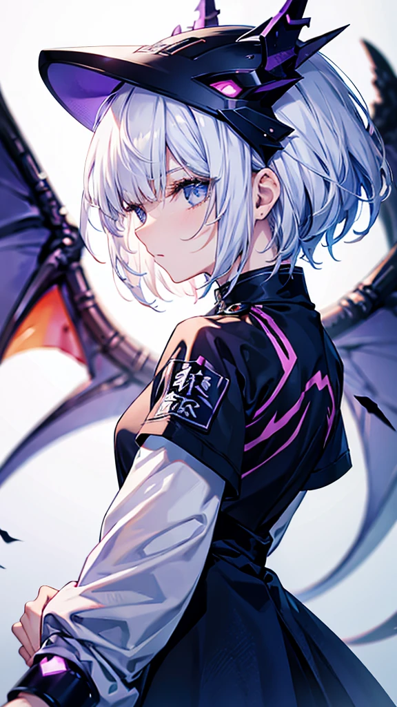 profile background, anime girl, serious face, fringe, short white hair, eyes purple, student clothing, high-res portrait, detailed eyes and face, character, fantasy, with a blue dragon behind, advanced urban, looking from behind at viewer, 4K, high resolution