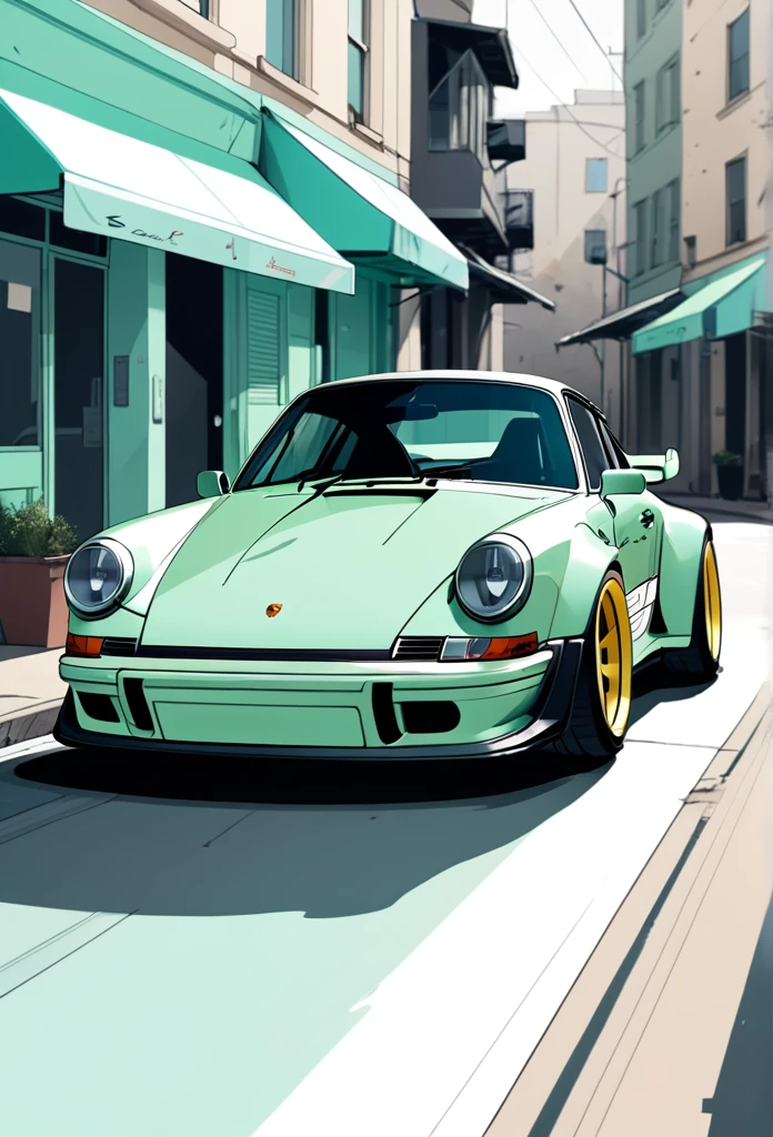 A Porsche 911 rwb， Minimalist, Disjointed,Editor， illustration ，mint and Dark beige 