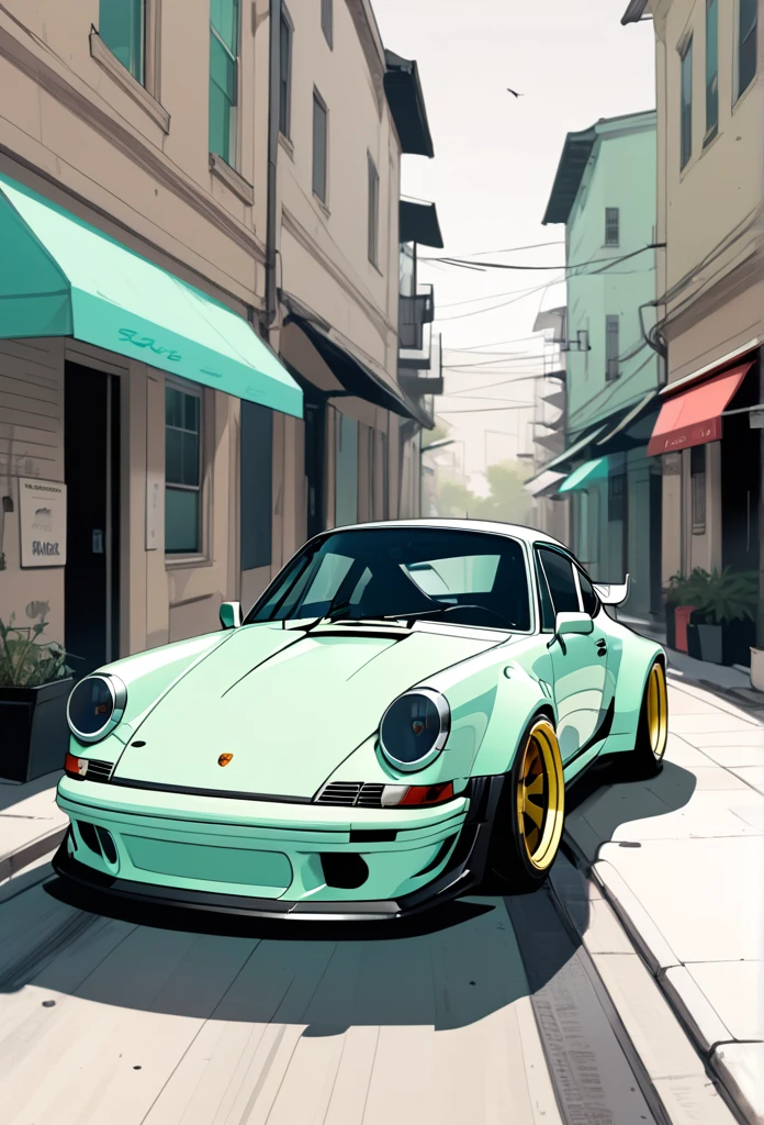 A Porsche 911 rwb， Minimalistisch, Unzusammenhängend,Editor， Illustration ，mint and Dark beige 