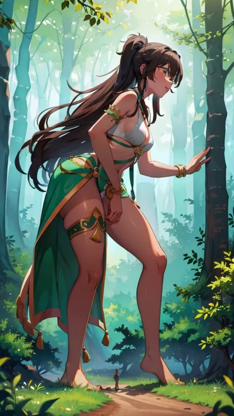 in a forest of large trees there is an even larger amazonian giantess, with brown skin, black hair, thin, with clothes of the fo...