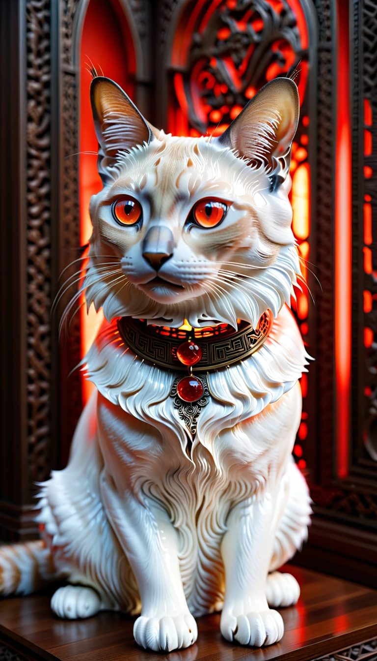 There is no one, realistic photo, realism, Balinese (Balinese) cat, future oriented, metal decoration, Shining red light inside, hollow interior, Polish, ray tracing, perfect composition, intricate details, Very sharp, masterpiece, profile, high resolution