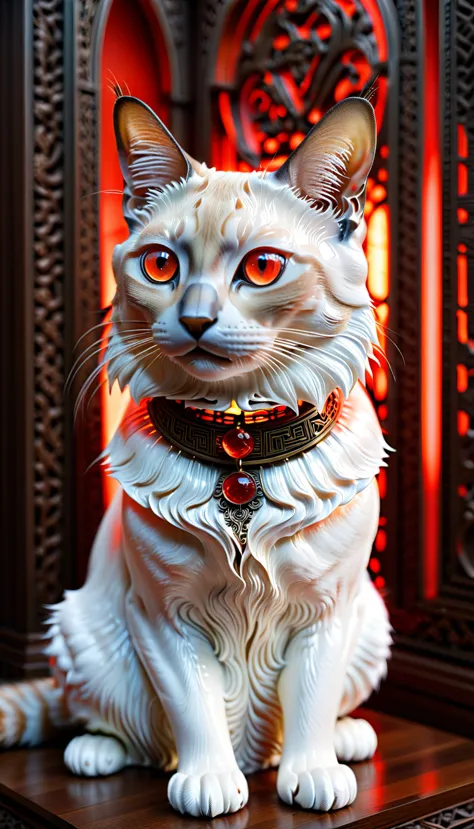 There is no one, realistic photo, realism, Balinese (Balinese) cat, future oriented, metal decoration, Shining red light inside,...