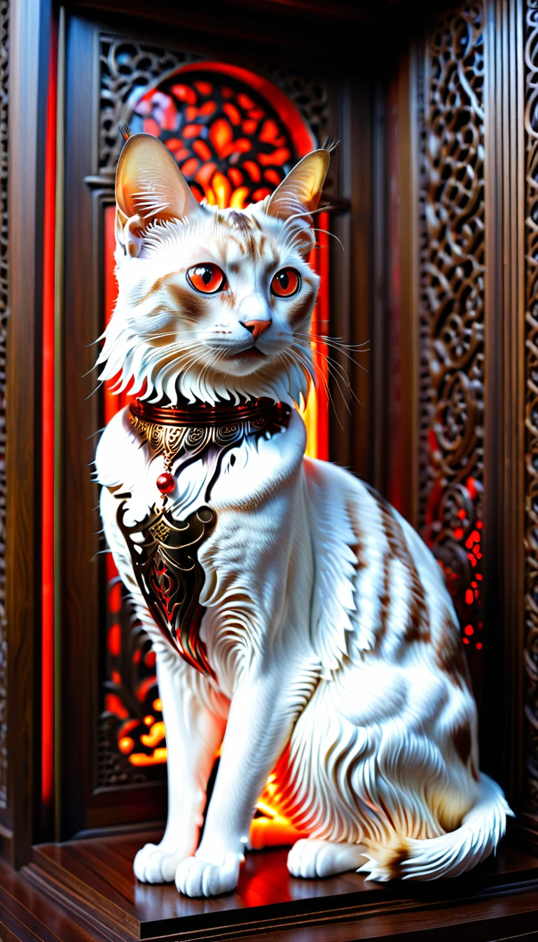 There is no one, realistic photo, realism, Balinese (Balinese) cat, future oriented, metal decoration, Shining red light inside, hollow interior, Polish, ray tracing, perfect composition, intricate details, Very sharp, masterpiece, profile, high resolution