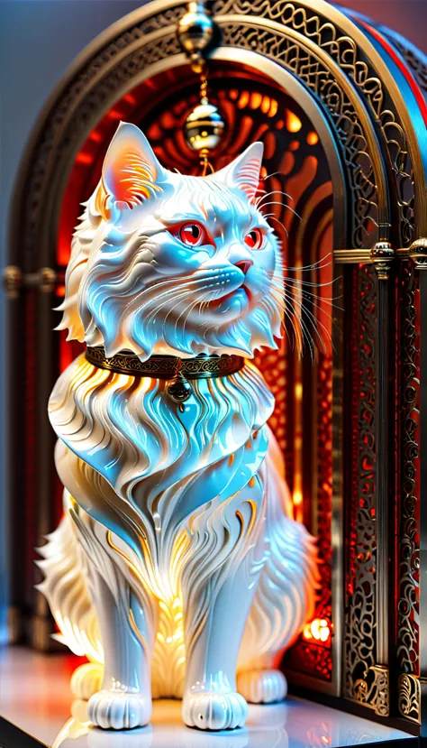 There is no one, realistic photo, realism, Persian (persian)) cat, future oriented, metal decoration, Shining red light inside, ...