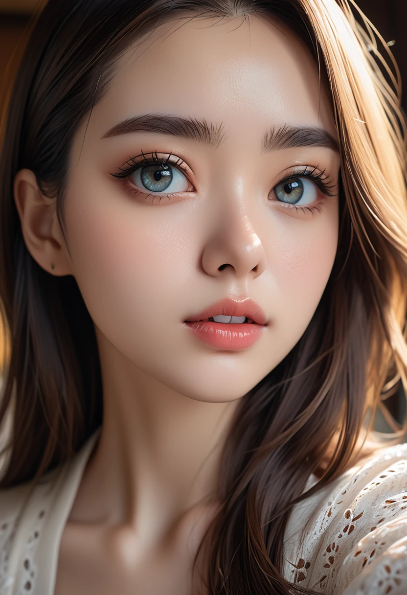 8K,best quality, masterpiece, Ultra-high resolution, (Reality:1.4), RAW photos, (Real skin texture:1.3), (Film Grain:1.3), (Selfie Angle),1 Girl,Beautiful and detailed eyes and face,masterpiece, best quality,close up,Upper body,