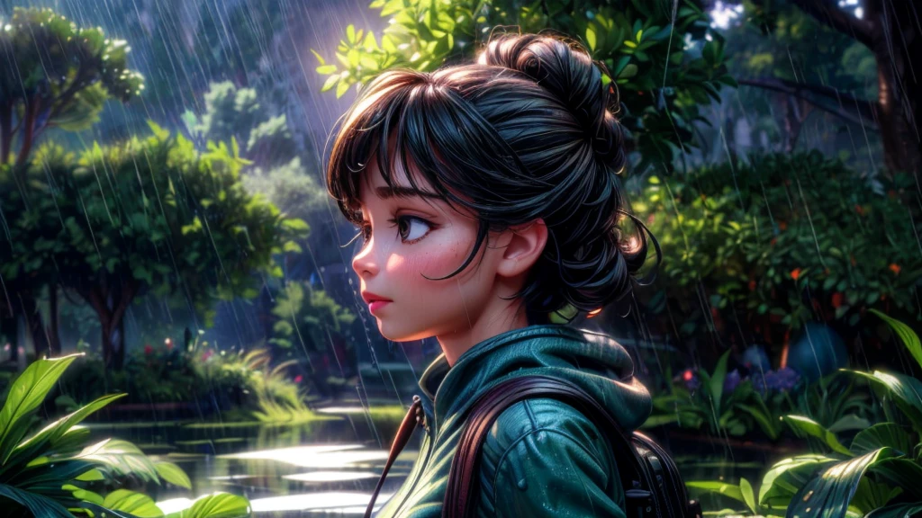 a girl in a middle  walking home in the rainy season, discovering a frog family sheltering from the rain, beautiful detailed face and eyes, long eyelashes, thoughtful expression, school backpack, rain falling, puddles on the ground, lush green foliage, tranquil atmosphere, (best quality,4k,8k,highres,masterpiece:1.2),ultra-detailed,(realistic,photorealistic,photo-realistic:1.37),HDR,UHD,studio lighting,ultra-fine painting,sharp focus,physically-based rendering,extreme detail description,professional,vivid colors,bokeh,atmospheric,cinematic,emotional,moody lighting