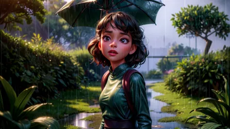 a girl in a middle school uniform walking home in the rainy season, discovering a frog family sheltering from the rain, beautifu...
