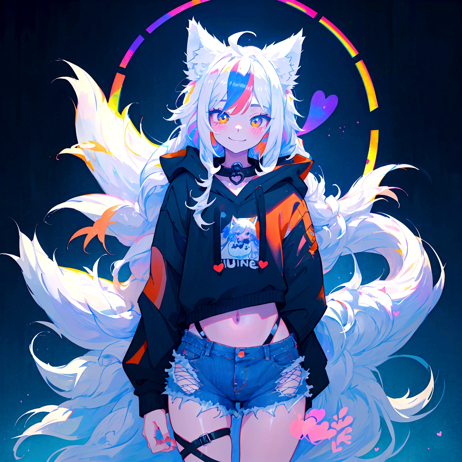 a cute adult male with wolf ears, long white hair, long locks, has a wolf tail, wearing a loose cropped black hoodie, wearing a pair of denim short shorts and fishnet stockings, thick thighs, wide hips, relaxing on mound of fluffy multi colored kawaii plushies, short, very slim, showing slender tummy, heart on hoodie, squishy thighs, has glowing blue eyes. alone, solo (ALONE)(SOLO), surrounded by rainbows, colorful galaxy backround, smiling