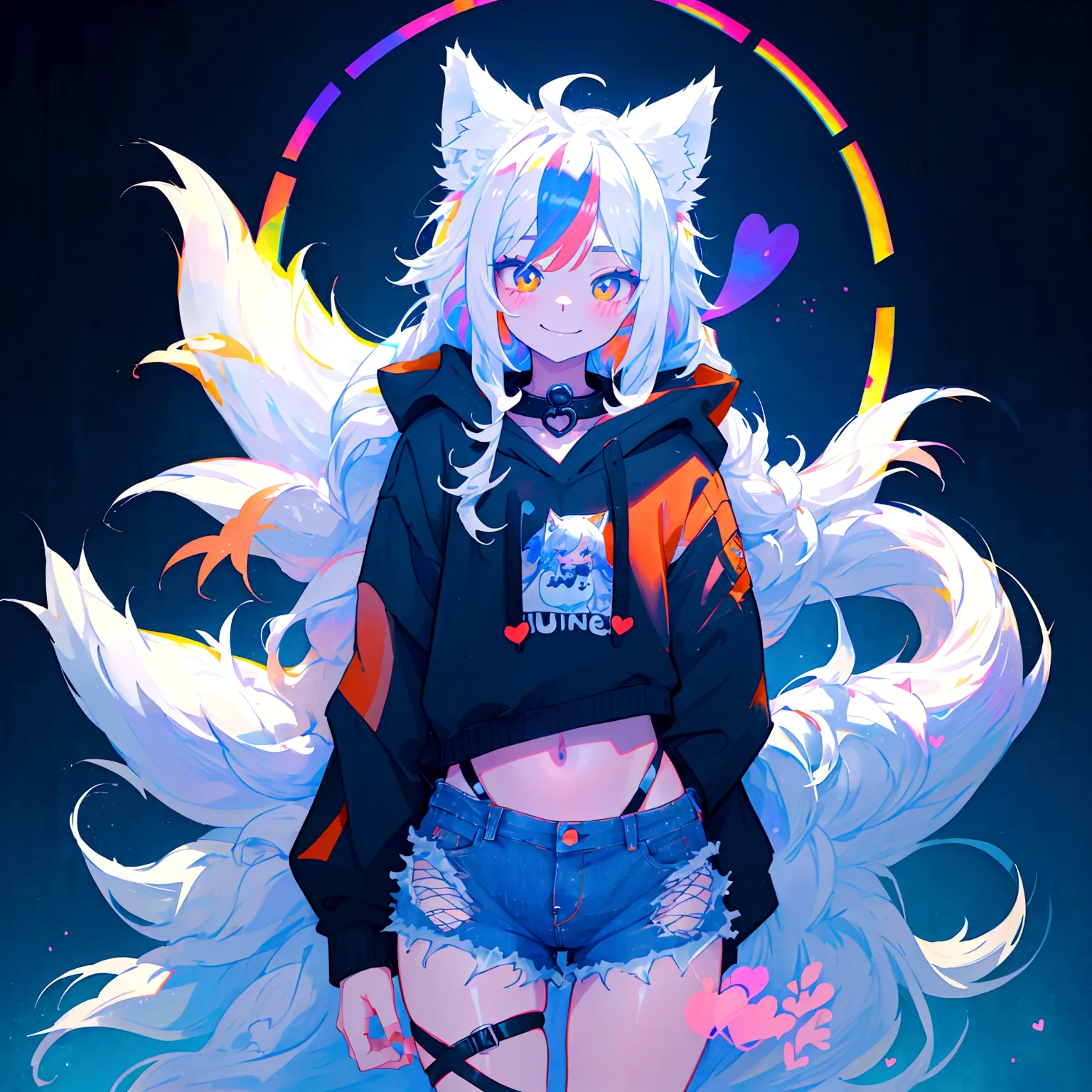 a cute adult male with wolf ears, long white hair, long locks, has a wolf tail, wearing a loose cropped black hoodie, wearing a ...