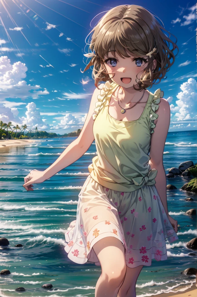 tomoekoga, Chie Koga, Long Hair, Brown Hair, blue eyes, Hair Clip,happy smile, smile, Open your mouth,Yellow tank top shirt,No sleeve,Shell Necklace,Long skirt,barefoot,Walking,True Summer,Daytime,Hair is fluttering in the wind,Walking on Sandy Beach,whole bodyがイラストに入るように,
BREAK outdoors, Sandy Beach,Beach,
BREAK looking at viewer, whole body,
BREAK (masterpiece:1.2), Highest quality, High resolution, unity 8k wallpaper, (figure:0.8), (Beautiful attention to detail:1.6), Highly detailed face, Perfect lighting, Highly detailed CG, (Perfect hands, Perfect Anatomy),