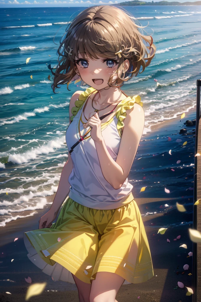 tomoekoga, Chie Koga, Long Hair, Brown Hair, Blue eyes, Hair Clip,happy smile, smile, Open your mouth,Yellow tank top shirt,No sleeve,Shell Necklace,Long skirt,barefoot,Walking,True Summer,Daytime,Hair is fluttering in the wind,Walking on Sandy Beach,whole bodyがイラストに入るように,
BREAK outdoors, Sandy Beach,Beach,
BREAK looking at viewer, whole body,
BREAK (masterpiece:1.2), Highest quality, High resolution, unity 8k wallpaper, (figure:0.8), (Beautiful attention to detail:1.6), Highly detailed face, Perfect lighting, Highly detailed CG, (Perfect hands, Perfect Anatomy),