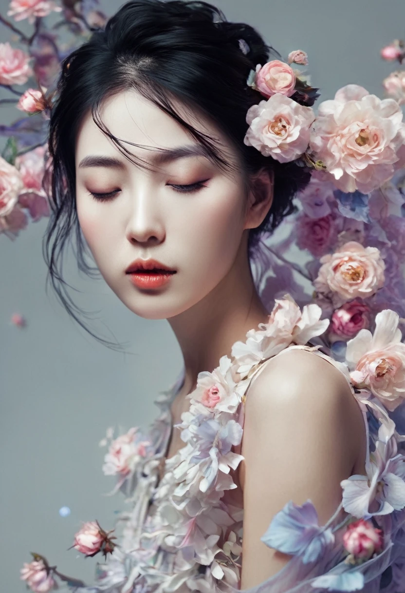 ein Bild einer Frau mit geschlossenen Augen, digitale Kunst inspiriert von Yanjun Cheng, tumblr, digital art, Schweben im Parfüm, Jingna Zhang, Nick Ritter