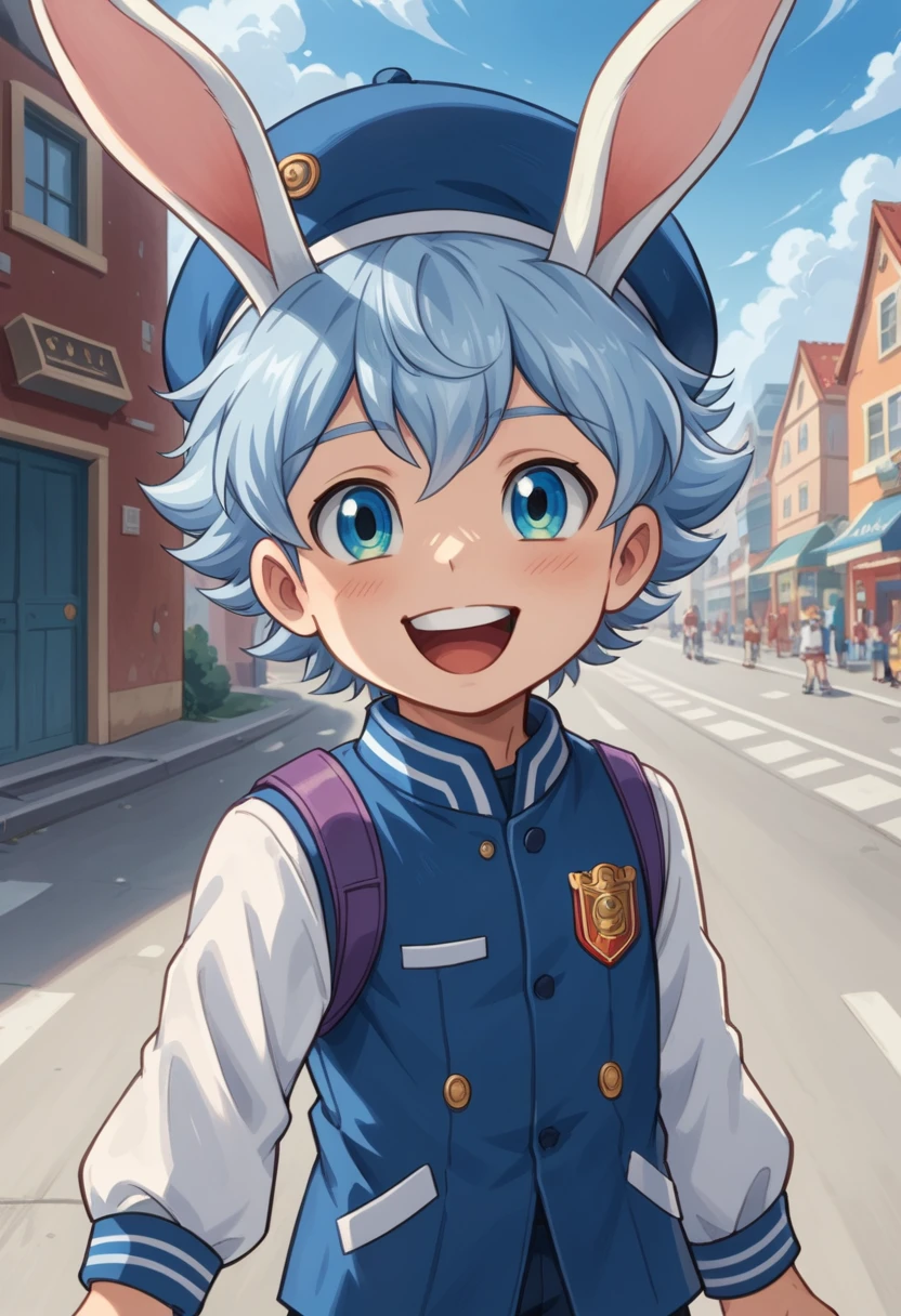 Score_9, score_8_up, score_7_up, rating_safe, Cute young naked boy, luca,blue hair, blue eyes, rabbit ears,rabbit boy,, cute face, very smail, laughing, grinning evily，Western，Boy student，short detailed hair，Shota，solo person，Wear a red and blue beret，（Feathers on the beveled edge of the hat），Red and blue open postman uniform，punky style，Black stroke，solo person，Fluttering feathers，The city of the future，nigth，Contre-Jour,