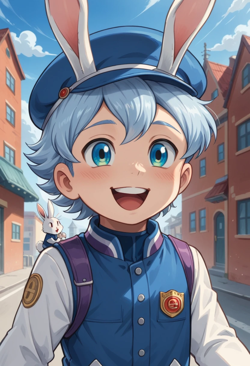 Score_9, score_8_up, score_7_up, rating_safe, Cute young naked boy, luca,blue hair, blue eyes, rabbit ears,rabbit boy,, cute face, very smail, laughing, grinning evily，Boy student，short detailed hair，Shota，solo person，Wear a red and blue beret，（Feathers on the beveled edge of the hat），Red and blue open postman uniform，punky style，Black stroke，solo person，Fluttering feathers，The city of the future，nigth，Contre-Jour,