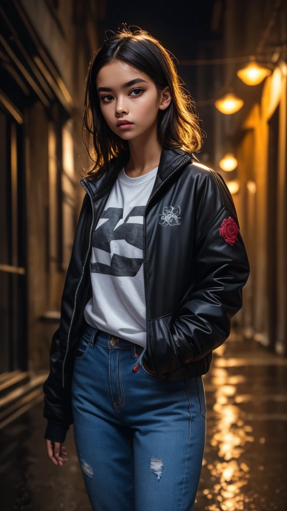 Photographie en gros plan, Jeune femme suicide girl avec des tatouages sur le corps, toute  poitrine sous son t-shirt, confiante aux cheveux blonds et roses avec une frange et des nattes, porter un blouson en jeans sans manches avec des motifs roses et bleus dessus, in a street soaked by rain at night, photoreallistic, lighting cinematic