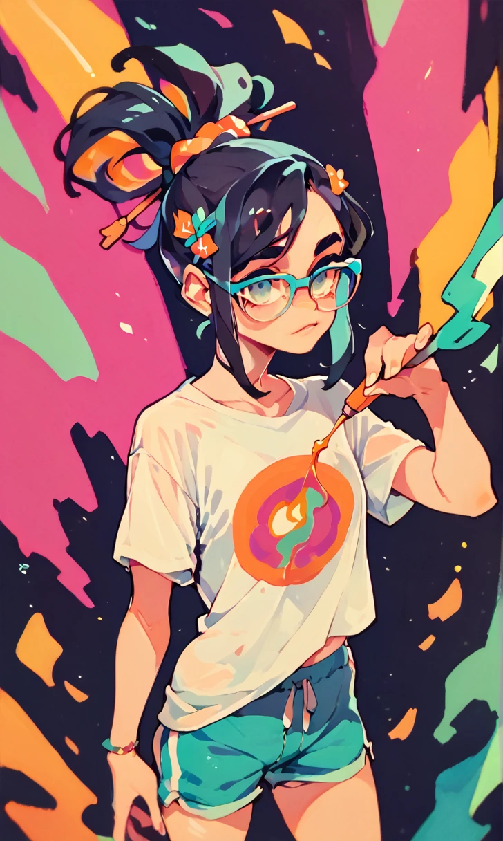 (score_9, score_8_up), score_7_up, score_6_up, score_5_up, score_4_up, 1girl, rim lights, pale skin, pigtail hair, long black hair, hair pin, black background, vibrant, high contrast, painterly, traditional oil paint, white t-shirt with panda face design on it, black shorts, glasses,
