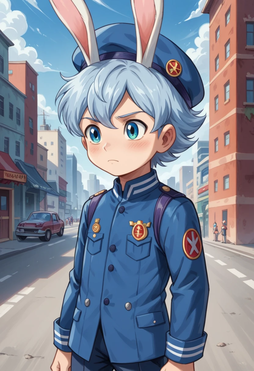 Score_9, score_8_up, score_7_up, rating_safe, Cute young naked boy, luca,blue hair, blue eyes, rabbit ears,rabbit boy,, cute face, very smail,  grinning evily，Boy student，short detailed hair，Shota，solo person，Wear a red and blue beret，Red and blue open postman uniform，punky style，Black stroke，solo person，Fluttering feathers，The city of the future，nigth，Contre-Jour,