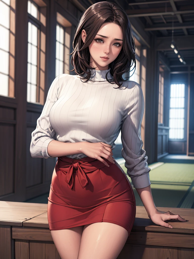 (highest quality,4K,High resolution,masterpiece:1.2),Japanese women,Cowgirl,Portraiture,Vibrant colors,Bright lighting、Bright room、slender、（Small Breasts 1:6)、Blushing、Wearing a white knit