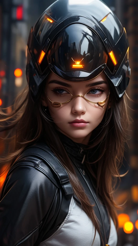 A warrior woman with a cyberpunk costume, with lights on the skin and top, (CG unity 32k engine), Wearing helmet and mask closed eye view and armor showing parts of his body, blurred destroyed city background 