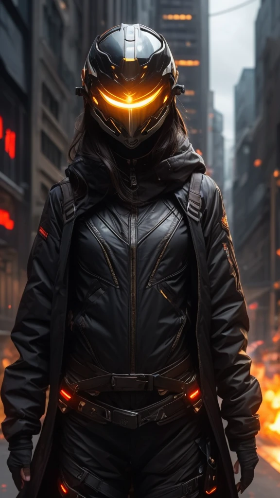 A warrior woman with a cyberpunk costume, with lights on the skin and top, (CG unity 32k engine), Wearing helmet and mask closed eye view and armor showing parts of his body, blurred destroyed city background 