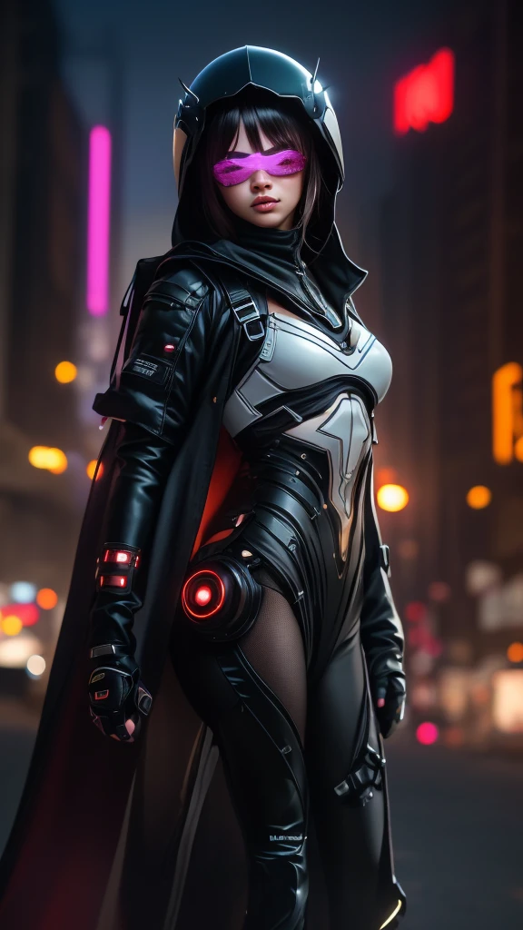 A warrior woman with a cyberpunk costume, with lights on the skin and top, (CG unity 32k engine), Wearing helmet and mask closed eye view and armor showing parts of his body, blurred destroyed city background 