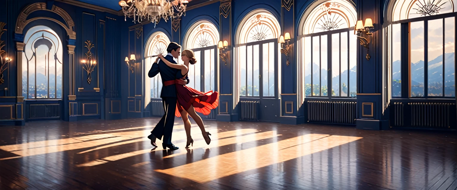 um homem e uma mulher dançando tango, salão de baile art déco, 1920s, 1 homem 1 mulher, pose sexy de dança de tango, Dançarinos de salão, interior art déco ornamentado, características arquitetônicas detalhadas, lustre, (melhor qualidade,4K,8K,alta resolução,obra de arte:1.2),Ultra-detalhado,(realista,photorealista,photo-realista:1.37),iluminação cinematográfica, sombras dramáticas, Do lado de fora da janela há uma varanda. uma estreita janela francesa com topo em arco leva à varanda.,homem virado para a frente, mulher de costas para o espectador, dançando o tango, mulher está usando um vestido roxo com fenda, ela tem a perna direita para o lado, (expondo sua coxa:1.5), Lá fora está escuro, pequenas estrelas estão brilhando (o céu azul escuro:1.3), (Sala mal iluminada:1.2), e sombras são projetadas nas órbitas oculares, tornando impossível ler suas expressões, características faciais detalhadas, Vestido bonito, traje formal, iluminação natural, paleta de cores quentes, 