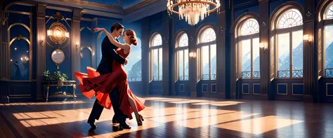 a man and woman dancing tango, art deco ballroom, 1920s, 1 man 1 woman, sexy tango dance pose, ballroom dancers, ornate art deco...