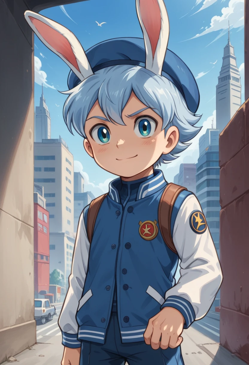 Score_9, score_8_up, score_7_up, rating_safe, Cute young naked boy, luca,blue hair, blue eyes, rabbit ears,rabbit boy,　cute face, very smail, light smile,  grinning evily，Boy student，short detailed hair，Shota，solo person，Wear a red and blue beret，punky style，Black stroke，solo person，Fluttering feathers，The city of the future，nigth，Contre-Jour,  full view body,