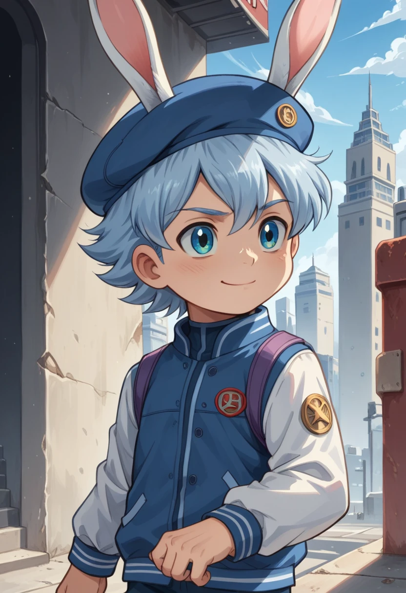 Score_9, score_8_up, score_7_up, rating_safe, Cute young naked boy, luca,blue hair, blue eyes, rabbit ears,rabbit boy,　cute face, very smail, light smile,  grinning evily，Boy student，short detailed hair，Shota，solo person，Wear a red and blue beret，punky style，Black stroke，solo person，Fluttering feathers，The city of the future，nigth，Contre-Jour,  full view body,