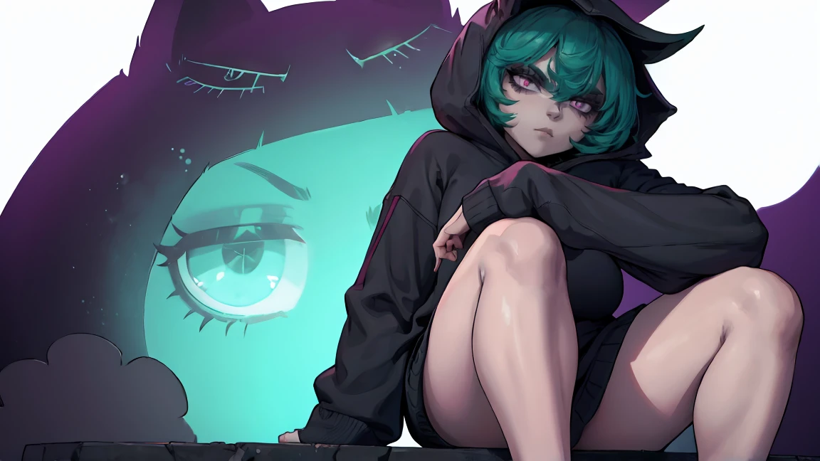 girl, large black sweatshirt, sitting posture, calm look, Sitting in front, legs open, a dark room, evil eyes, glowing skin, Looking ahead, facial expression