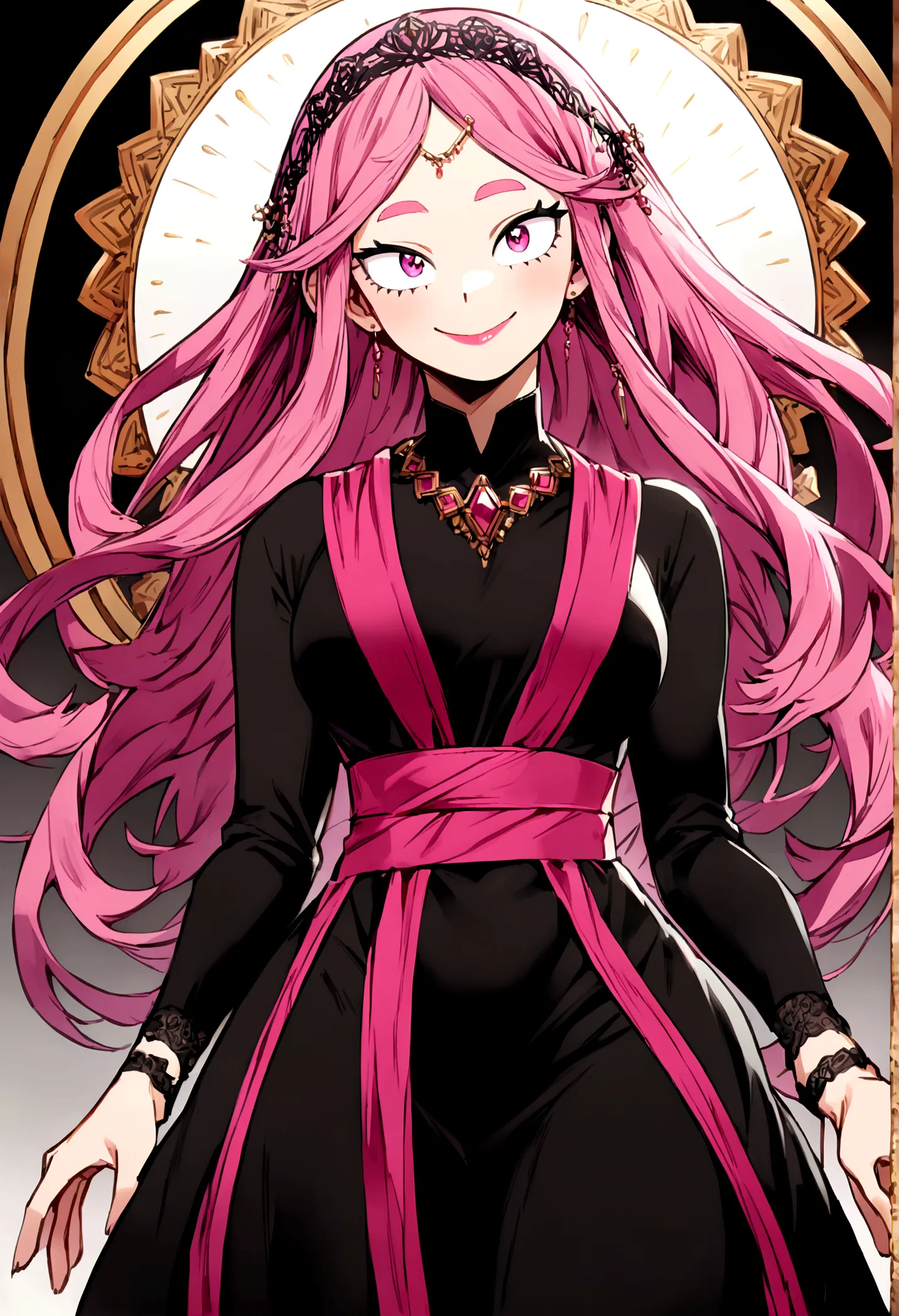 boku no hero academia style,women,smile,long loose waist-length and pink hair, clear skin,pink lips,white pink and black tight c...