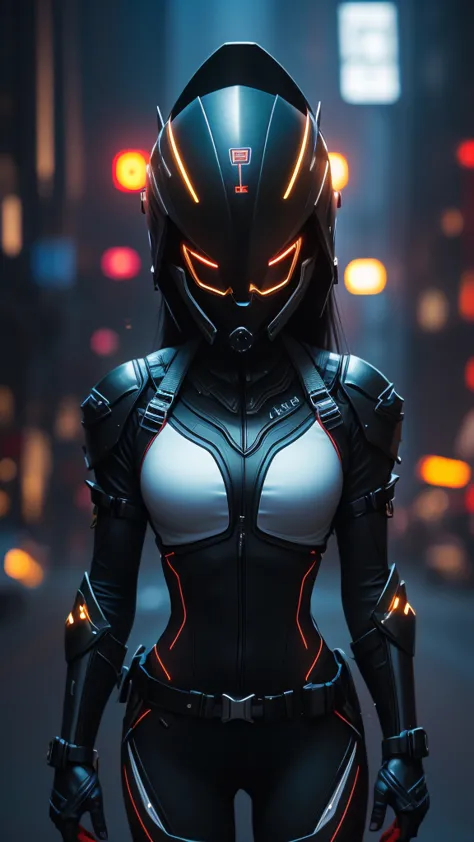 a warrior woman with a cyberpunk costume, with lights on the skin and top, (cg unity 32k engine), wearing helmet and mask closed...