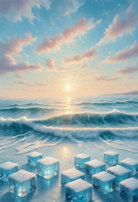 an oil painting，sunrise，ocean，horizon，peaceful，ice cubes里的红色玫瑰，ice cubes，frozen rose，refracted light