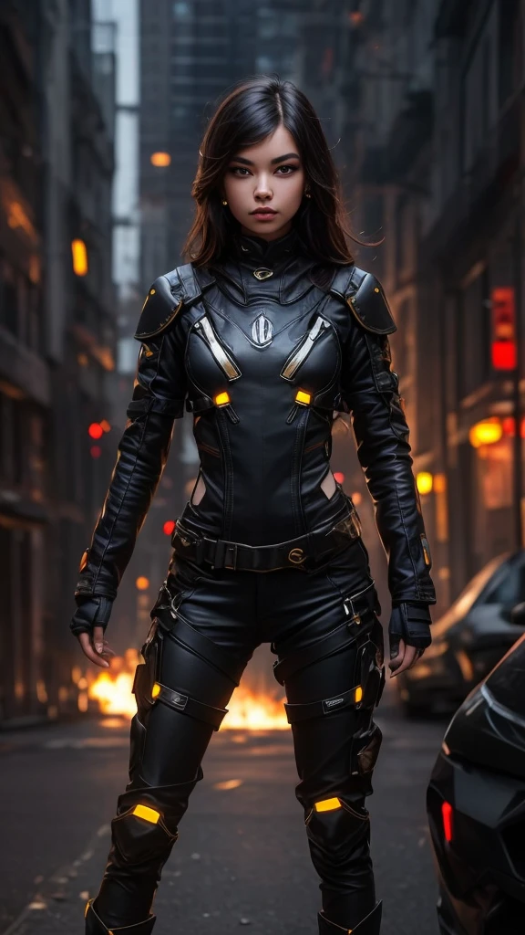 A warrior woman with a cyberpunk costume, with lights on the skin and top, (CG unity 32k engine), Wearing helmet and mask closed  full head, and armor showing parts of his body, blurred destroyed city background 