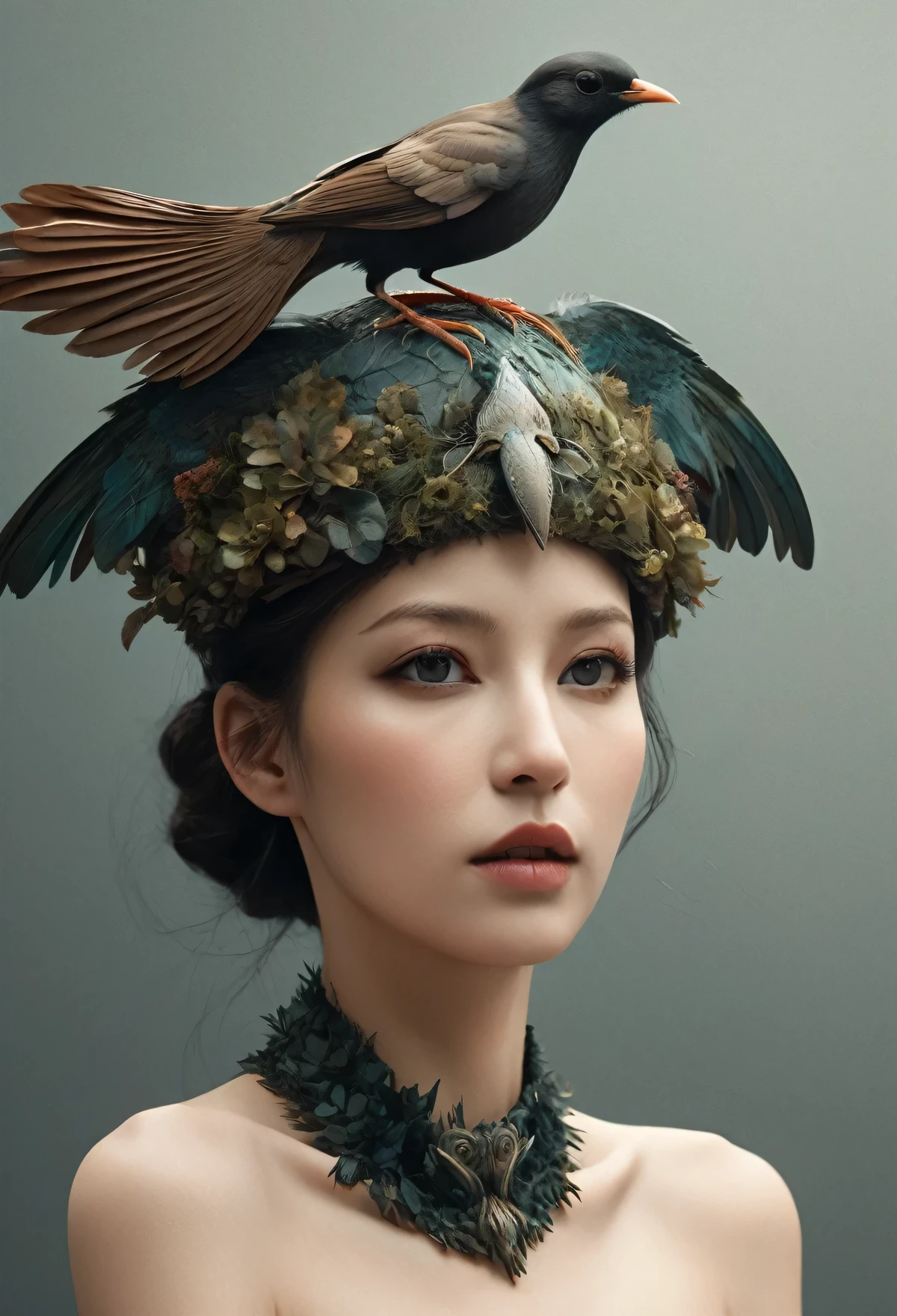 一位头上有只鸟的女人的特写镜头, 受伊戈尔·莫斯基 (Igor Morski) 启发的数字艺术, zbrush 中心竞赛获胜者, 幻想艺术, 卡罗尔在 uhd 后面, 娜塔莉·肖 tom bagshaw, 娜塔莉·肖