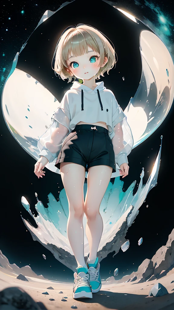 delicate、detailed、high quality、high resolution、４K、high quality、Short Mash Hair、Short Hair、Blonde Hair Color、Turquoise Eyes、white色のパーカー、Black hot pants、Black sneakers、Childish, high quality、超detailedな、(1 girl in:1.3)、internal、Elementary school girls、 girl，，Chairman Type，M-shaped foot、small, Inflated，white, See-through, Wet underwear，Complex architecture、Lush garden、Designing Peace and Spirituality。Designed with a fisheye effect image that captures a wide field of view with a unique curved viewing angle。Panoramic cityscape、Dramatic Skyline、breather、A sophisticated space with a rooftop view